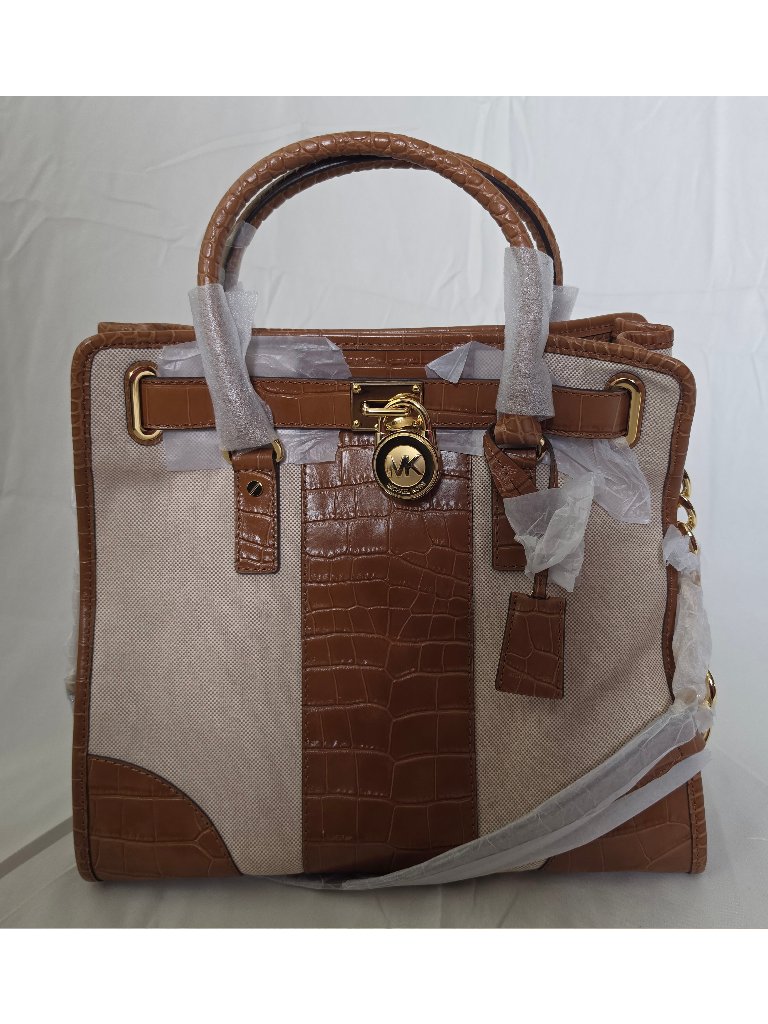 Michael Kors Nwt Hamilton Walnut Brown Croc Leather Center Stripe Satchel Bag